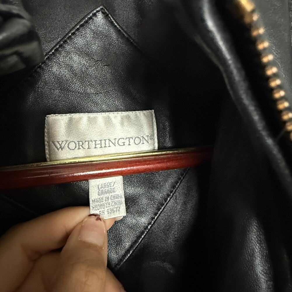 Worthington Womens Genuine Leather Coat Large Black Hooded Faux Fur Trim Luxury - Picture 9 of 16